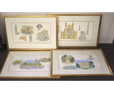H. Elliott - four architectural watercolour paintings. Including Bath's Roman baths, all signed bottom right, framed and glaz