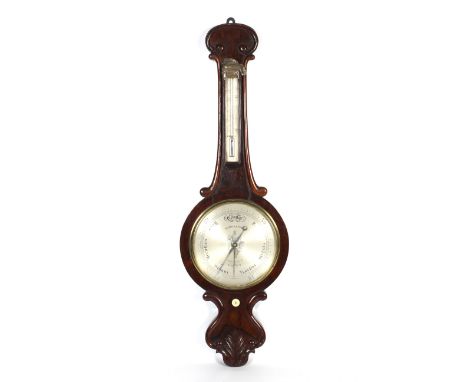 A Victorian rosewood banjo shaped barometer by Eames &amp; Sons (Broad Street, Bath). With scroll shaped border and palmette 