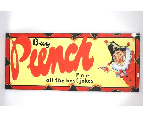 A vintage wooden Punch sign. Painted with a scene of the character and the phrase 'Buy Punch for all the best jokes', 133cm x