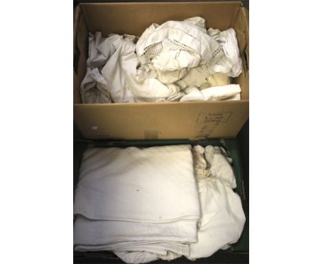 A collection of vintage fabric. Including linen, tablecloths, place mats, etc, some with lace details