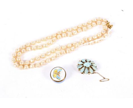 Two pieces of jewellery and an enamel pot. Comprising an imitation-pearl necklace on a 9ct gold and single cultured pearl cla