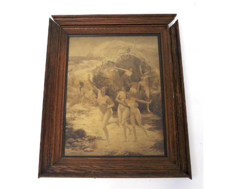 After Ferdinand Lequesne (1856-1932), a framed sepia print. Depicting female nudes emerging from a shell in seascape, impress