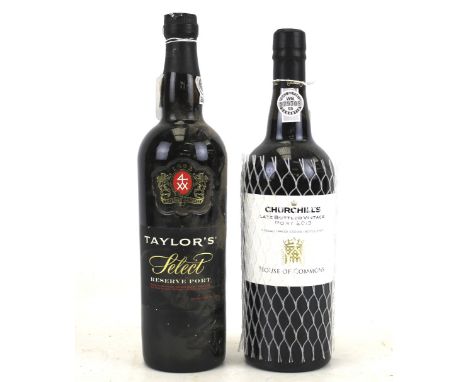 Two bottles of port. Comprising one Taylor's Select Reserve, 75cl, 20% vol and one Churchills Late Bottled Vintage 2013, 75cl