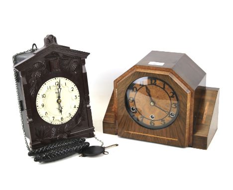 A 20th century Westminster mantel clock and Russian cuckoo clock. The mantel clock with a burr walnut dial with Arabic numera