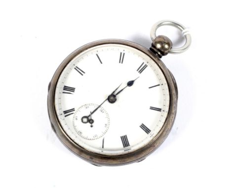 A silver open faced pocket watch. The white dial with Roman numerals and subsidiary second dial, hallmarked  A.W.Co, sterling