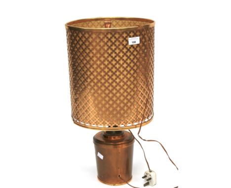 A vintage copper table lamp and matching shade. H58cm