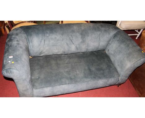 A Victorian mahogany framed and later blue fabric upholstered two seater drop-end sofa on turned forelegs, width 160cm