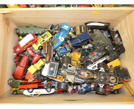 A tray containing an interesting collection of playworn diecast and tinplate vehicles, to include a Corgi Toys Batmobile, and