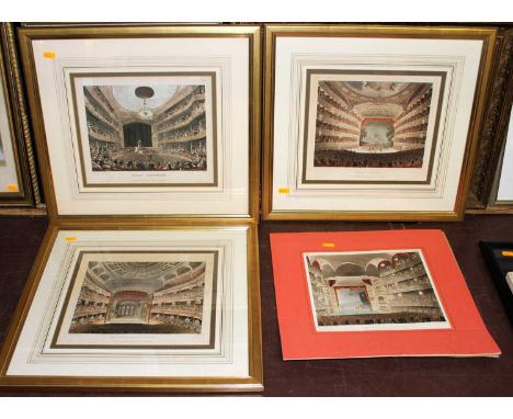 After Rowlandson &amp; Pugin - four Ackermann colour engravings, titled Opera House, Astley's Amphitheatre, Drury Lane Theatr
