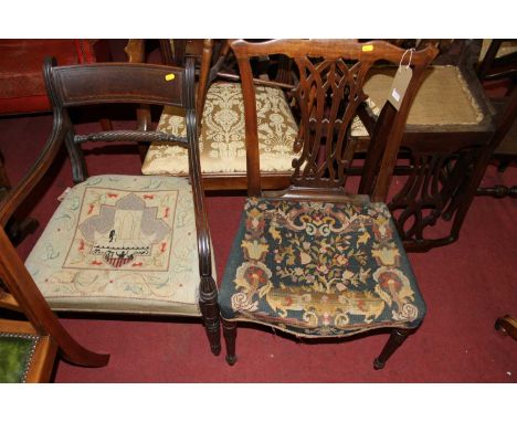 A 19th century mahogany Chippendale style single dining chair, having tapestry stuff over seat, together with a further 19th 