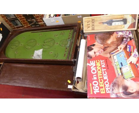 A collection of toys to include bagatelle board, quantity of Meccano, and an electronic project kit, together with a home mad