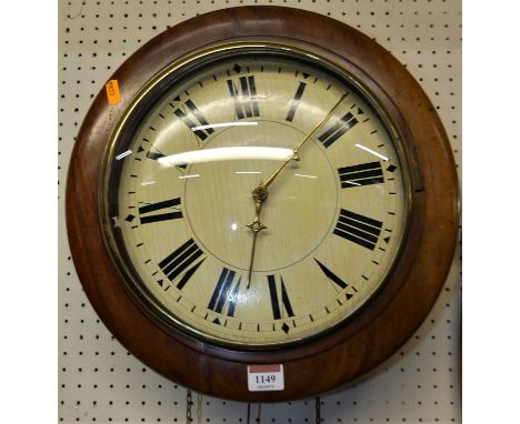 A 19th century mahogany circular postman's alarm clock, having a cream painted dial with Roman numerals, dia.38cm, with pendu
