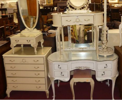 A collection of French white wood bedroom furniture to include; kneehole triptych mirror back kidney shaped dressing table, f