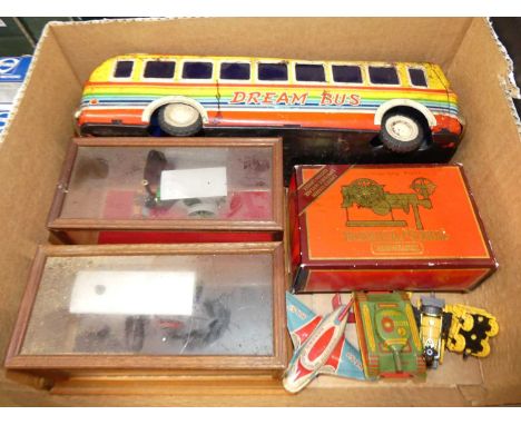 A quantity of mixed tinplate and diecast vehicles to include a Japanese Dream Bus, a Matchbox Models of Yesteryear, 1894 Avel