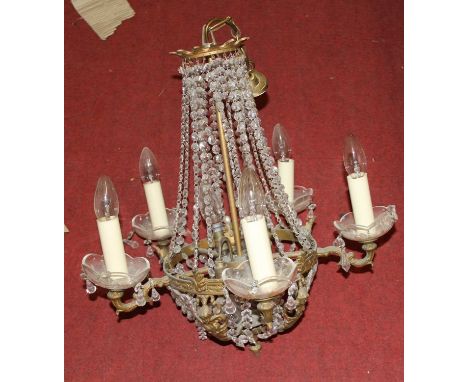 A Continental gilt metal and glass pendant drop hanging five-light electrolier