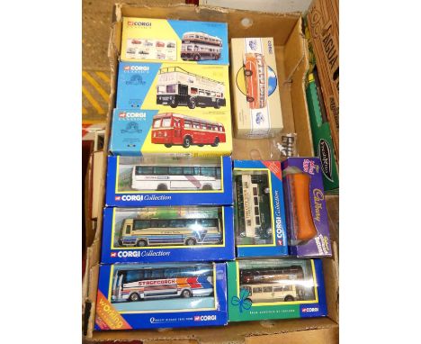 A tray containing a quantity of mixed public transport diecast models to include Corgi Classics 