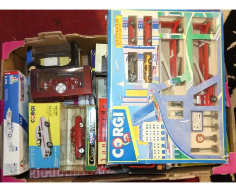 One box of mixed modern issue diecast and accessories to include Corgi Superhauler transporter set, Vanguards and similar