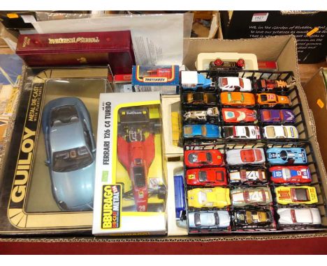 A box of mixed scale diecasts, to include 1:18 and 1:24 scale, and Matchbox, examples to include a Burago Ferrari I:26 C4 Tur