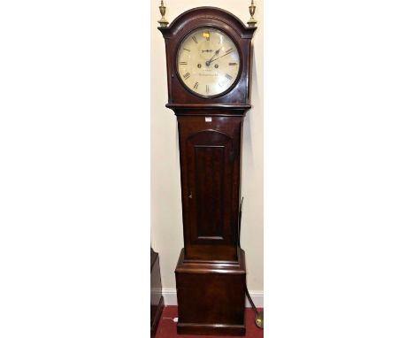 A circa 1830 mahogany longcase clock, the circular painted dial signed Sharp, Westmorland Street, twin winding holes for an e