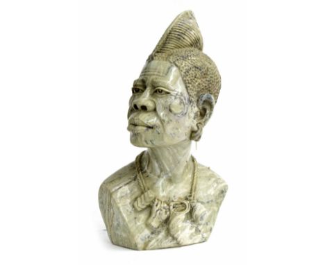 Nicholas Tandi (Zimbabwe born&nbsp;1948), stone figural bust sculpture of a tribal gentleman with necklace, possibly of the S