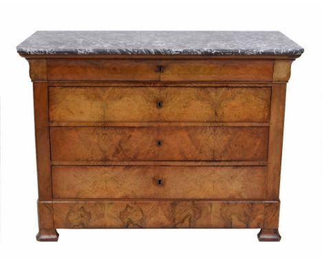 Biedermeier marble top commode chest of drawers, the grey marble top over a cushion frieze long drawer and three further long