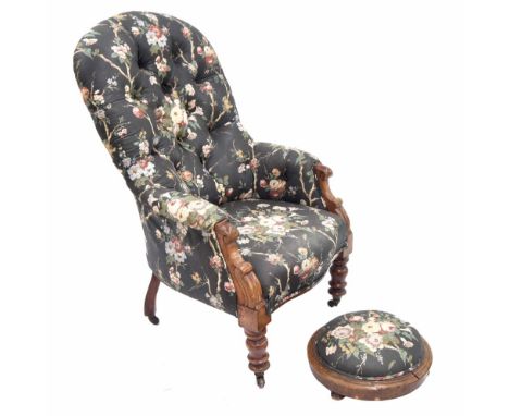 Victorian button upholstered nursing chair, in a Liberty chintz floral upholstery, 61" wide, 41" high; together with a small 