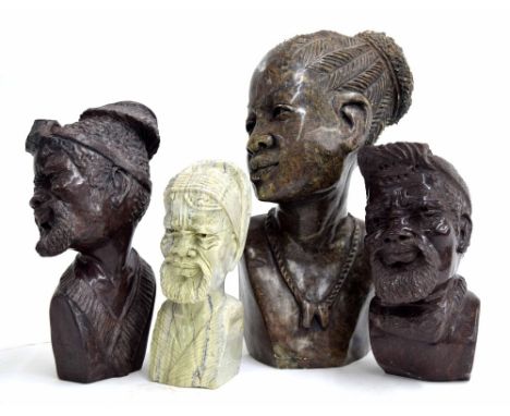 Caleb Samhere, Zimbabwe - three&nbsp;carved stone figural bust sculpture of African tribal gentlemen, possibly of the Shona t