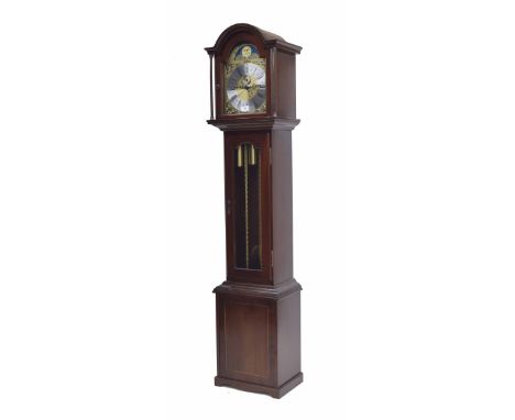 Contemporary mahogany&nbsp;three train grandmother clock by Richard Broad,&nbsp;the silvered chapter ring and brass arched di