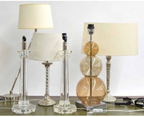 Pair of&nbsp;glass pillar table lamps (no shades); together with a Heathfield &amp; Co 'Opera' 3 ball glass table lamp (no sh