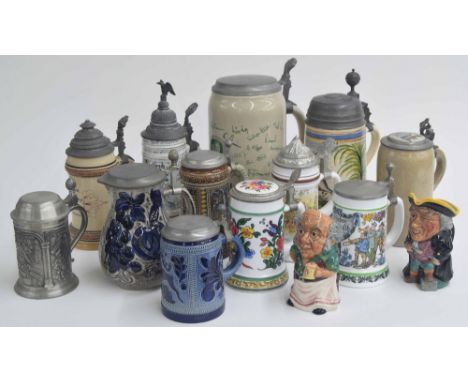 Antique German faience glazed pottery roller jug/pitcher, possibly Magdeburg; together with a group of assorted German tankar