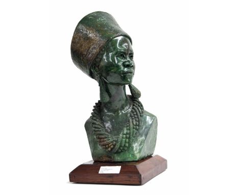 James Tandi, Zimbabwe&nbsp;born 1956 - carved Verdite figural bust sculpture titled 'Lucy from Bindura', signed, mounted upon