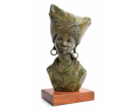 James Tandi - carved stone figural bust sculpture of an African tribal lady, possibly of the Shona tribe, mounted on a wooden