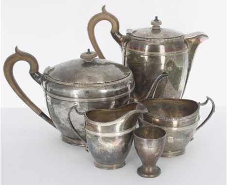 George V silver four piece tea and coffee set by Roberts &amp; Belk Ltd.,&nbsp;comprising teapot 6" high, coffee pot, jug and