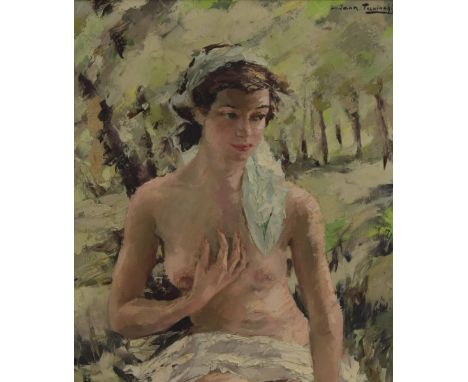 Igor Talwinski (Polish 1907-1983) - 'Symphony in Green' - figural study of a nude, half length among trees, signed, oil on ca