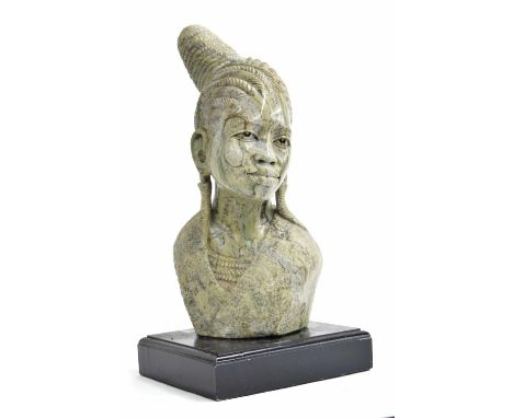 Carved stone figural bust sculpture of an African tribal lady, unsigned, mounted upon a square ebonised plinth, 22" high over