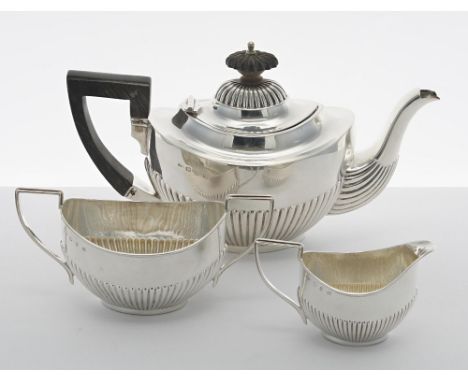 Victorian&nbsp;silver&nbsp;bachelors&nbsp;three piece tea set, of oval form with half gadrooned body,&nbsp;comprising teapot,