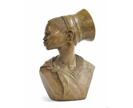 Elliott Katombera, Zimbabwe - carved stone figural bust sculpture of an African tribal lady, possibly of the Shona tribe, sig