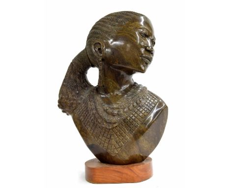 Edward Ndoro, Zimbabwe born 1973 - Carved stone figural bust sculpture of an African tribal lady, signed by E.C Ndoro, mounte