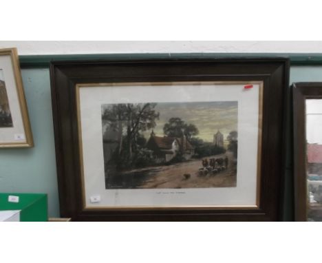 Framed limited edition coloured print of landscape scene of a drover moving sheep and cattle 'Fast Falls the Even Tide'