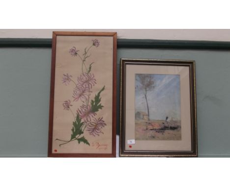 Oak framed rectangular flower painting signed and dated 1905 and a coloured print of an Australian Bushman sitting on a log