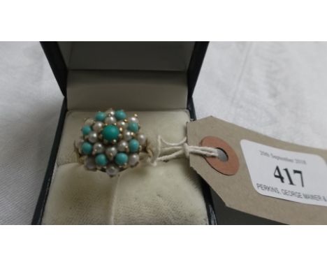 Boxed 9ct. gold cluster ring inset seed pearls and light blue stones  (size U) (Guide Price £20-£30)COINS, MEDALLIONS AND MIS