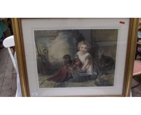 Large gilt framed coloured print of a young child with cat and two puppy's (20" x 15")