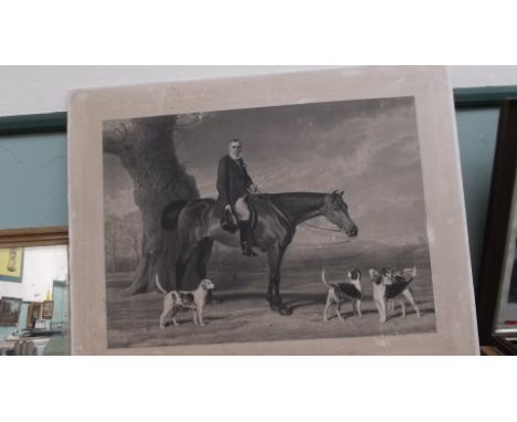 Unframed sporting print of a mounted gentleman named Charles Wicksted with hounds at foot