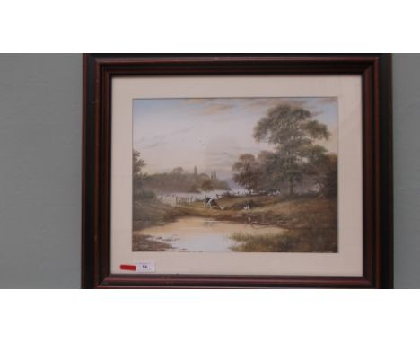 Framed coloured landscape print of Friesian Cattle beside pond
