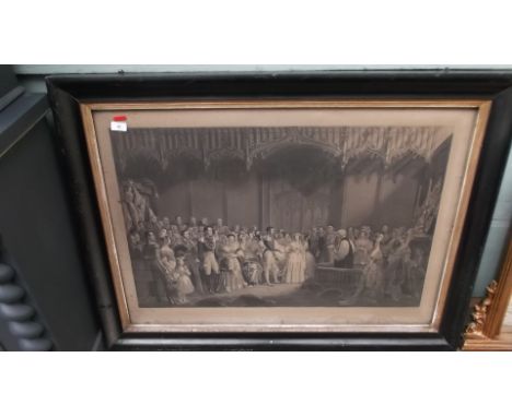 Large black and white framed print of the marriage of Queen Victoria in ebonised and gilt frame
