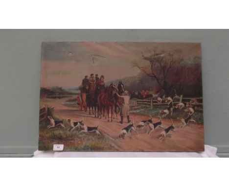 Unframed oil on canvas of coaching and hunting scene