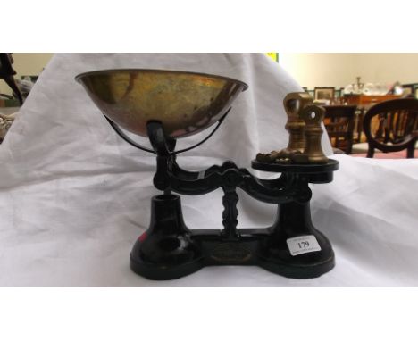 Set of Thornton & Co. 'The Viking' kitchen scales with brass bell weights and pan