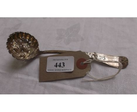 Ornate George III engraved sifter ladle, the bowl inset 3 mixed fruits (London 1791)