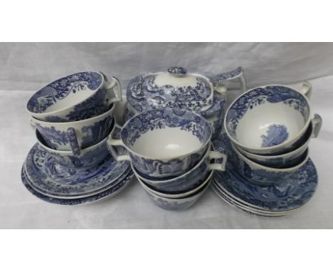 Tea set of Copeland spode Italian pattern of tea pot, and 10 cups and saucers (lozenge mark)