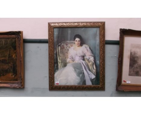 Large coloured print believed of Lady Agnew of Lochnaw by John Singer Sargent in ornate gilt frame